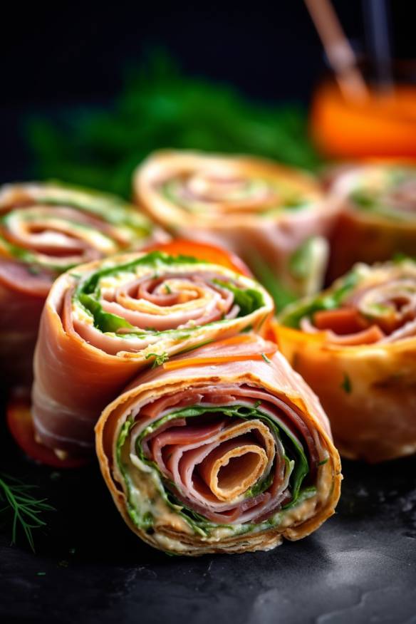 Fingerfood Wrap Röllchen mit Gemüse und Schinken