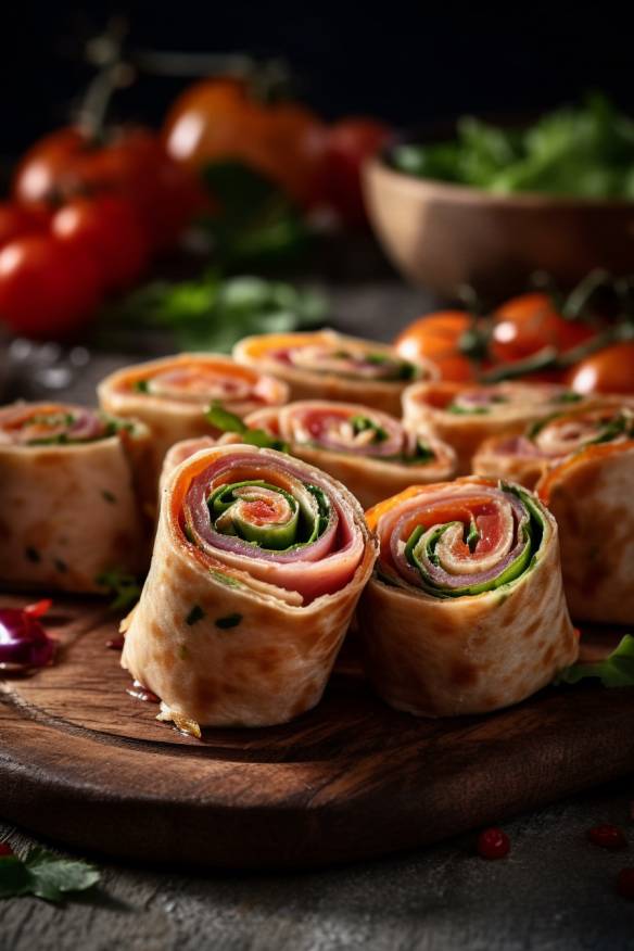 Fingerfood Wrap Röllchen mit Gemüse und Schinken