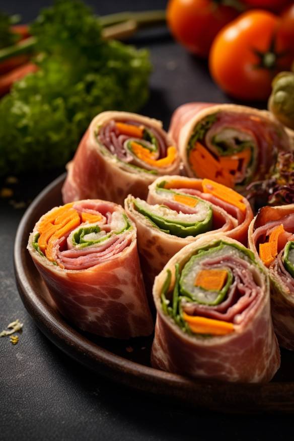 Fingerfood Wrap Röllchen mit Gemüse und Schinken