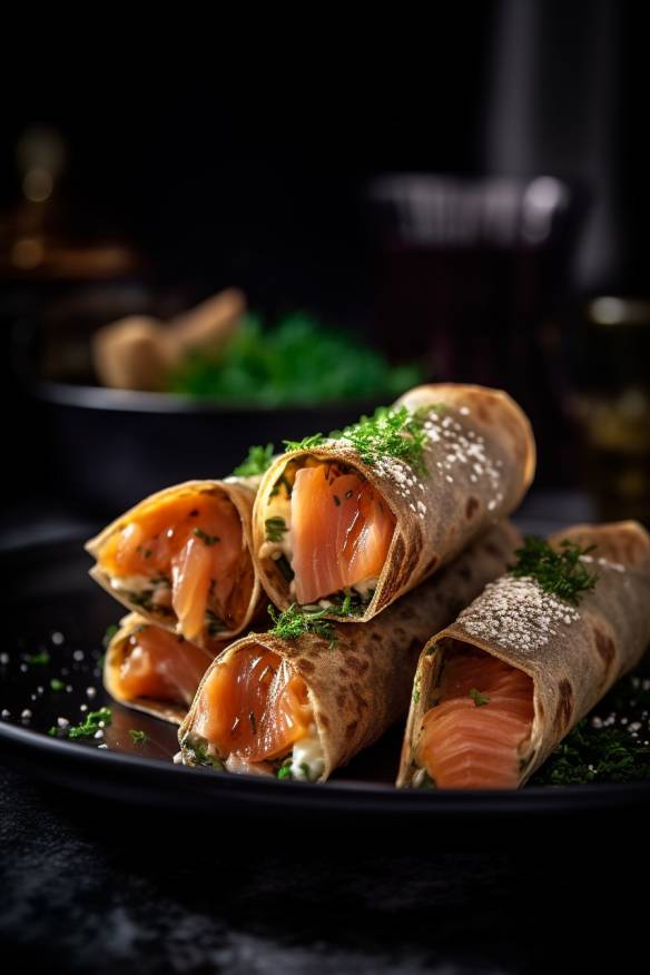 Fingerfood Wraps mit Lachs auf einem Teller