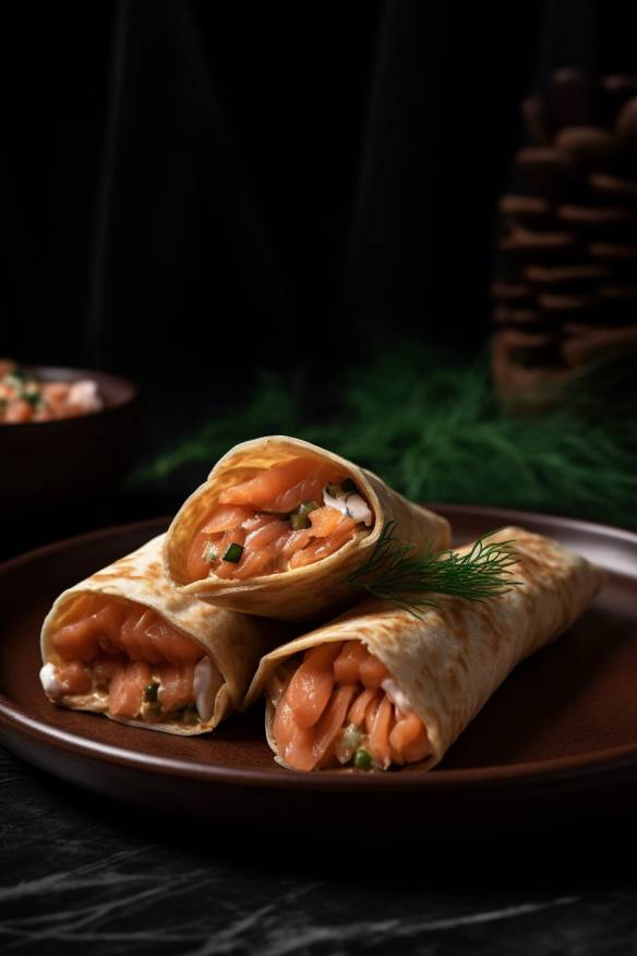 Fingerfood Wraps mit Lachs auf einem Teller