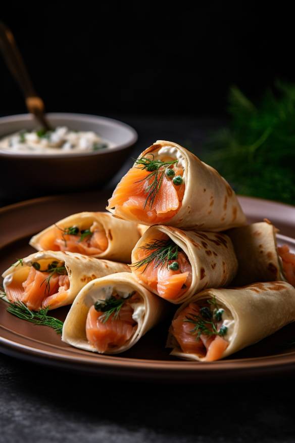 Fingerfood Wraps mit Lachs auf einem Teller