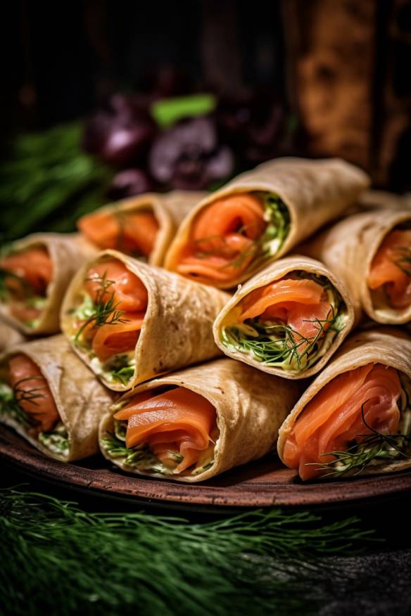 Fingerfood Wraps mit Lachs auf einem Teller