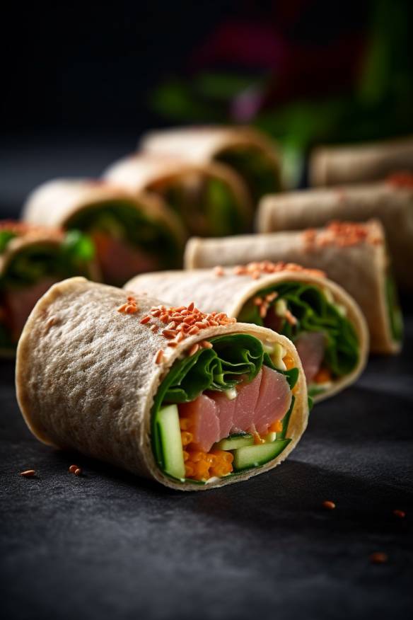 Fingerfood Wraps mit Thunfisch und Gemüse.