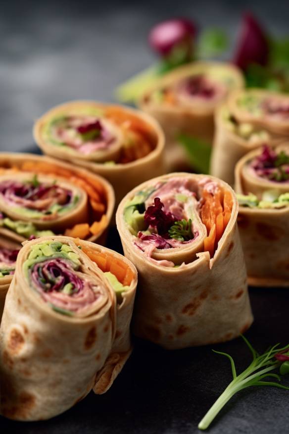 Fingerfood Wraps mit Thunfisch und Gemüse.