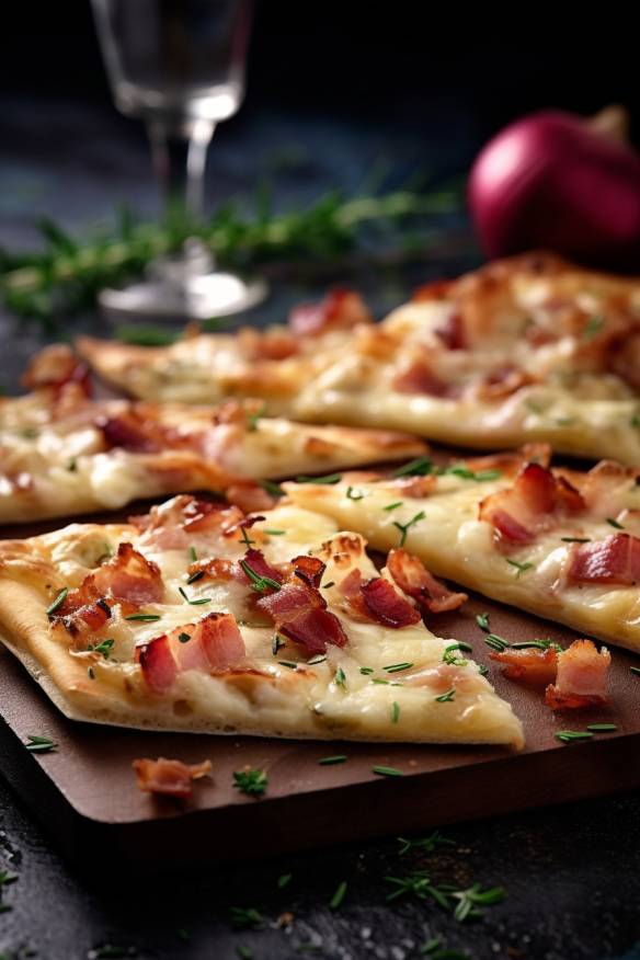 Flammkuchen-Häppchen mit Speck und Zwiebeln.