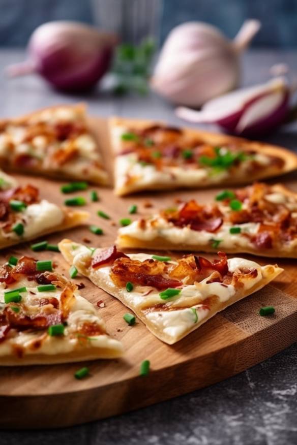 Flammkuchen-Häppchen mit Speck und Zwiebeln.