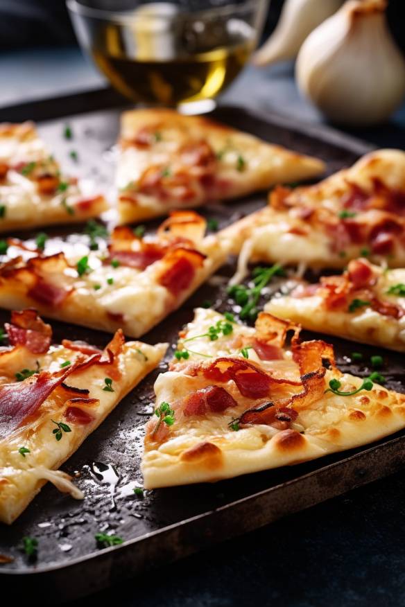 Flammkuchen-Häppchen mit Speck und Zwiebeln.