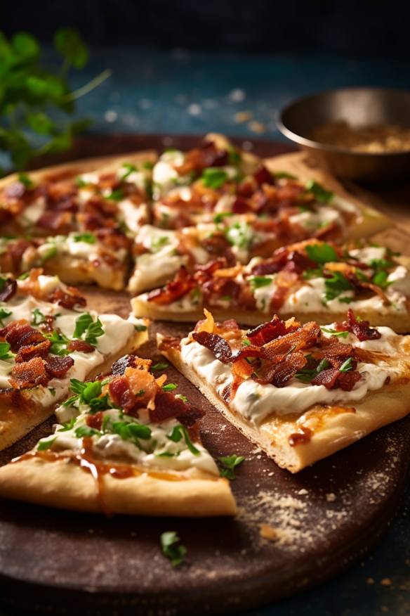 Flammkuchen-Fingerfood mit Schmand, Speck und Zwiebeln.