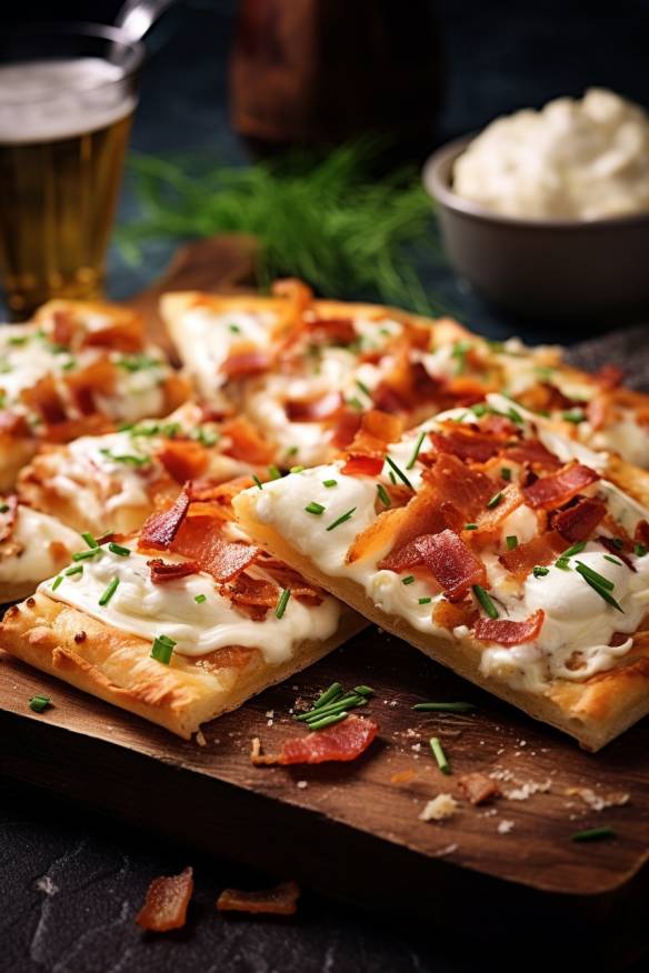 Flammkuchen-Fingerfood mit Schmand, Speck und Zwiebeln.