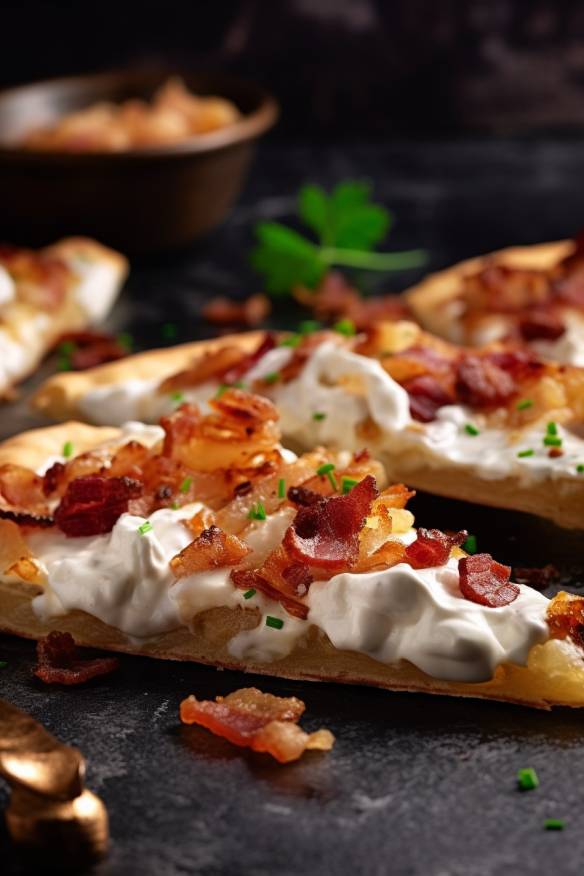 Flammkuchen-Fingerfood mit Schmand, Speck und Zwiebeln.