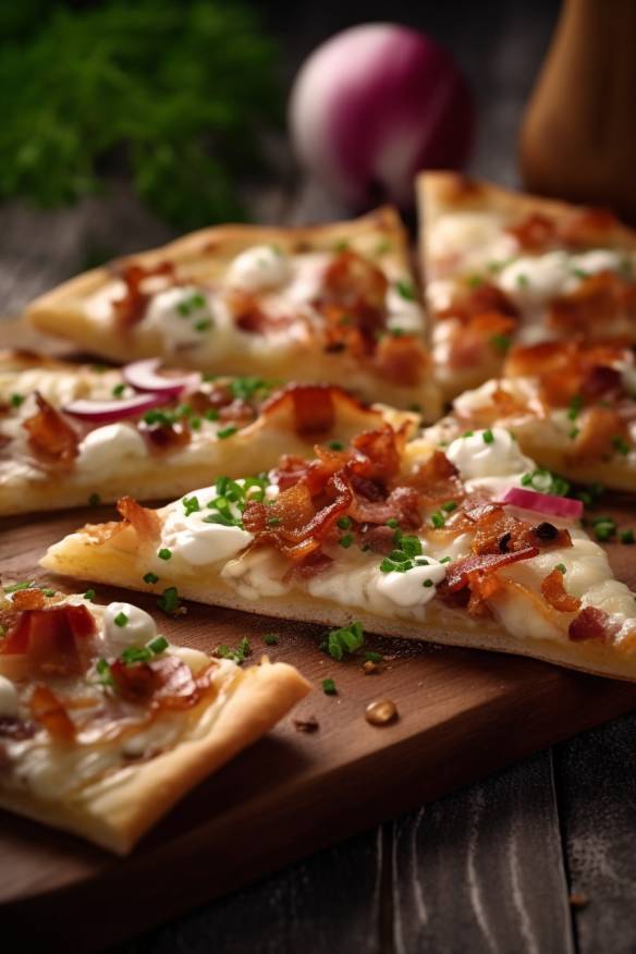 Flammkuchen-Fingerfood mit Schmand, Speck und Zwiebeln.