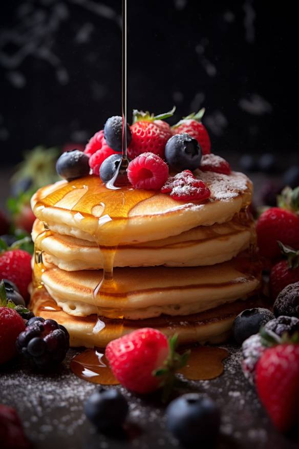 Fluffige Pfannkuchen mit Beeren und Ahornsirup