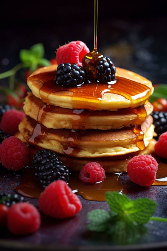 Fluffige Pfannkuchen mit Beeren und Ahornsirup