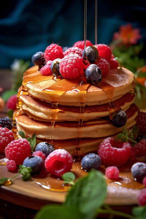 Fluffige Pfannkuchen mit Beeren und Ahornsirup