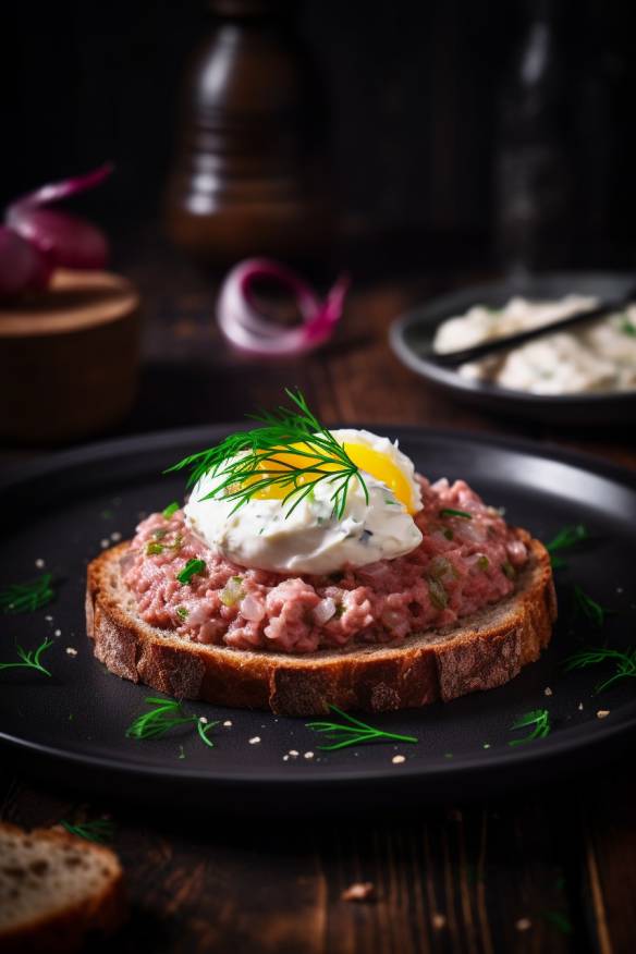 Fränkisches Schäufele-Tatar mit Sauerrahm und Zwiebeln.