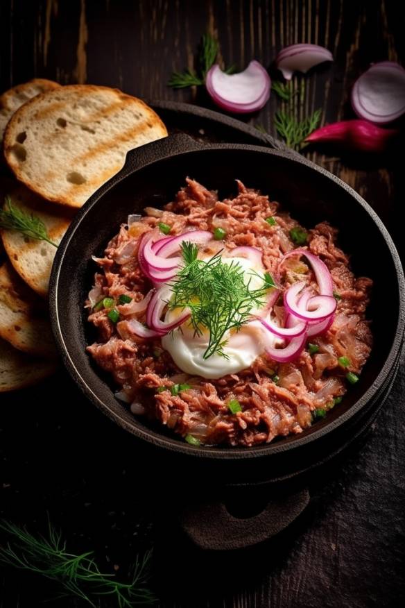 Fränkisches Schäufele-Tatar mit Sauerrahm und Zwiebeln.