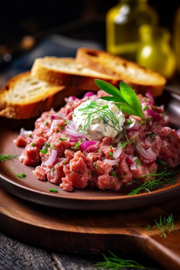 Fränkisches Schäufele-Tatar mit Sauerrahm und Zwiebeln.