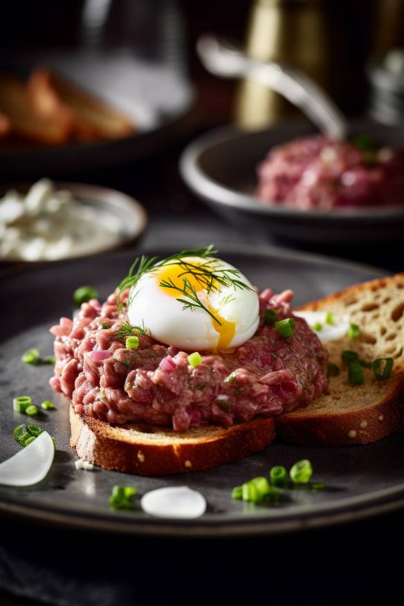 Fränkisches Schäufele-Tatar mit Sauerrahm und Zwiebeln.