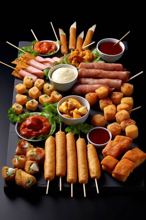 Französisches Fingerfood mit verschiedenen kalten Snacks.