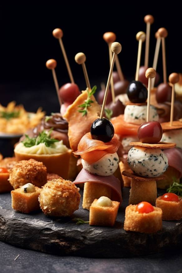 Französisches Fingerfood mit verschiedenen kalten Snacks.