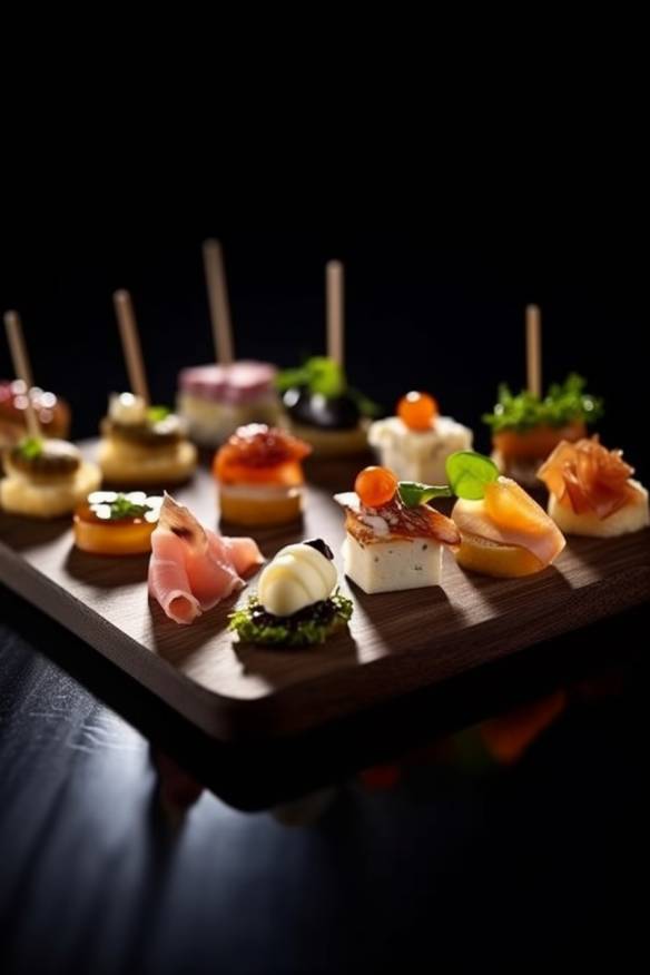 Französisches Fingerfood mit verschiedenen kalten Snacks.