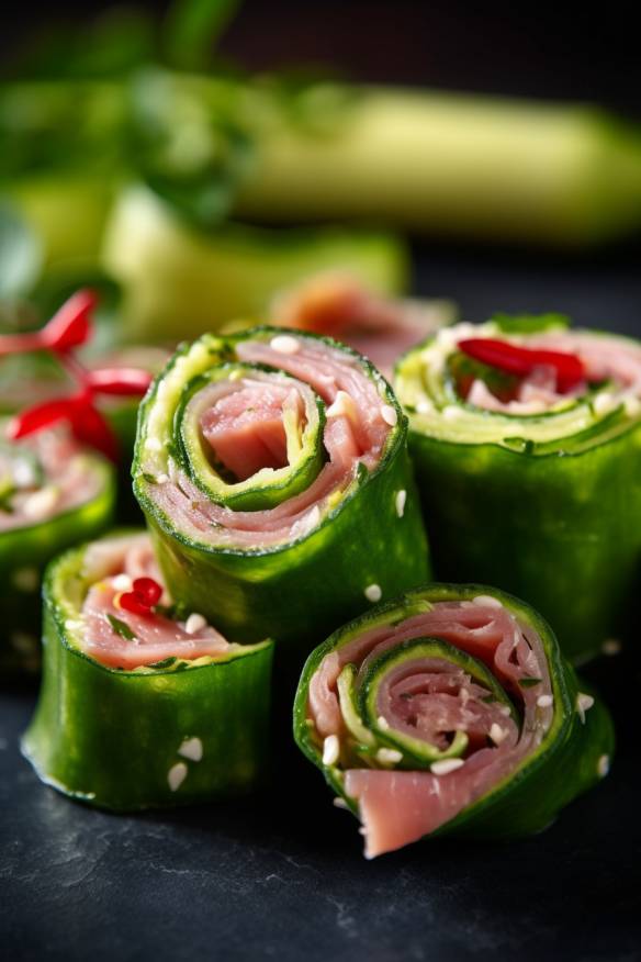 Frische Gurken-Schinken-Röllchen - Schnelles Fingerfood kalt