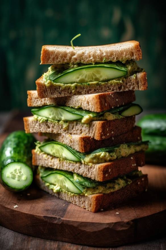 Frische Gurken-Hummus-Sandwiches auf einem Holzbrett