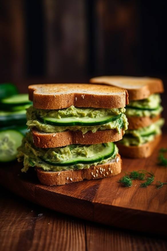 Frische Gurken-Hummus-Sandwiches auf einem Holzbrett