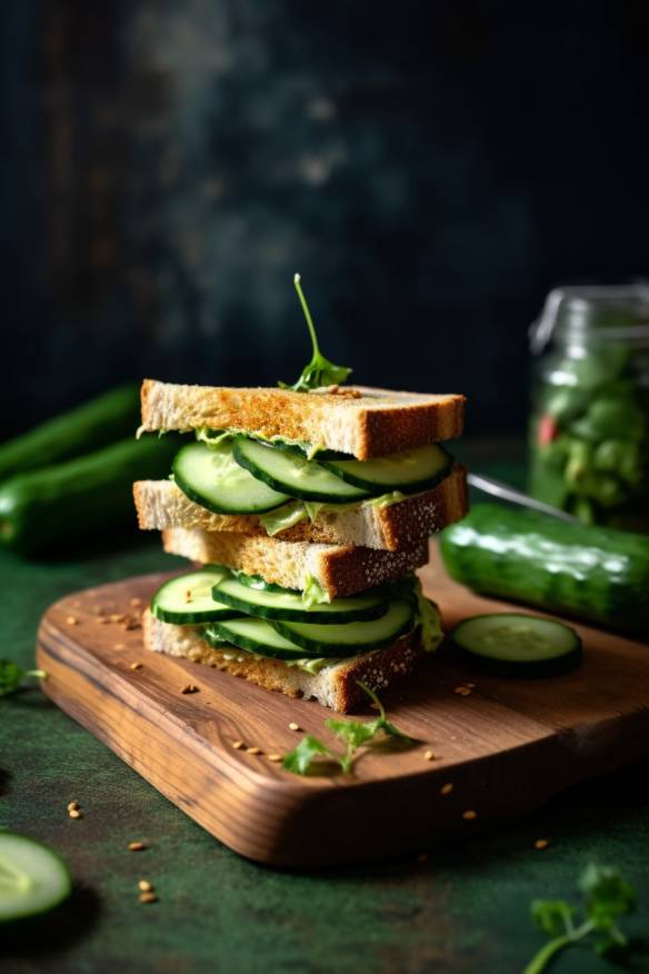 Frische Gurken-Hummus-Sandwiches auf einem Holzbrett