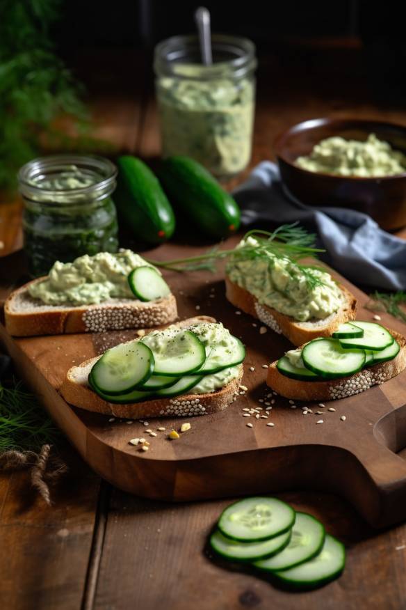 Frische Gurken-Hummus-Sandwiches auf einem Holzbrett