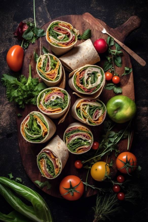 Frische Gemüse-Wraps auf einem Holzbrett angerichtet.