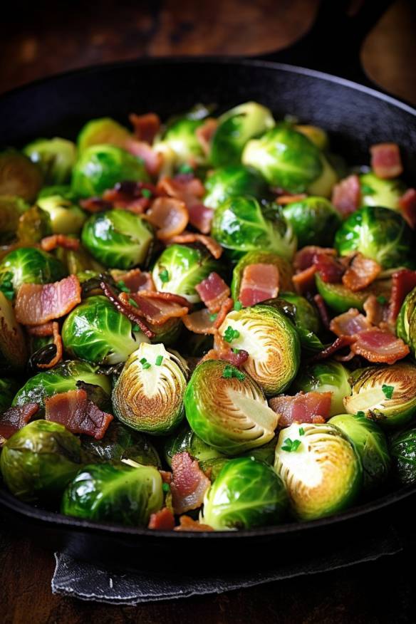 Gebratener Rosenkohl mit Speck und Zwiebeln.