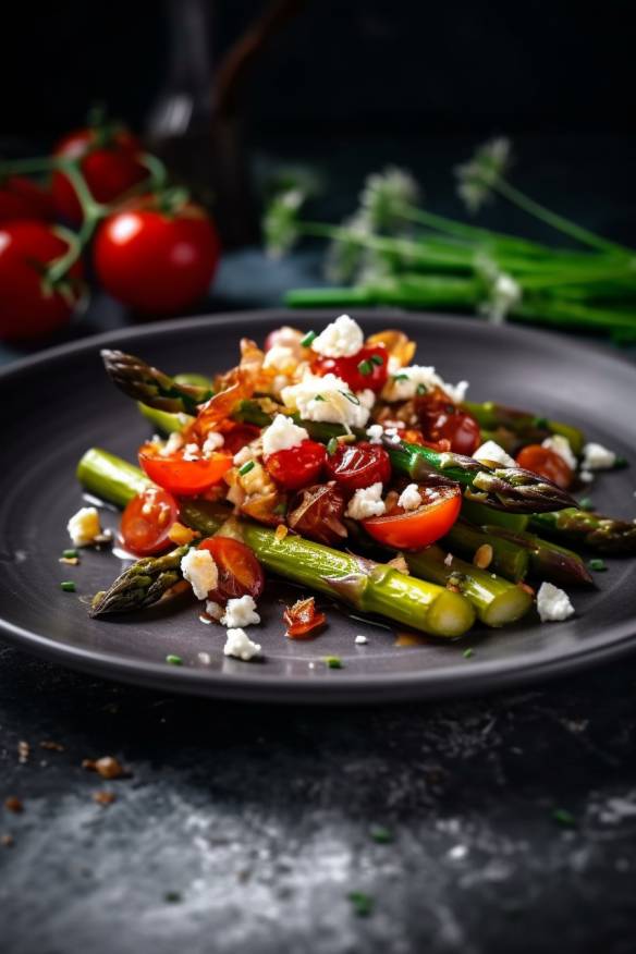 Gebratener Spargel mit Tomaten und Feta auf einem Teller angerichtet.