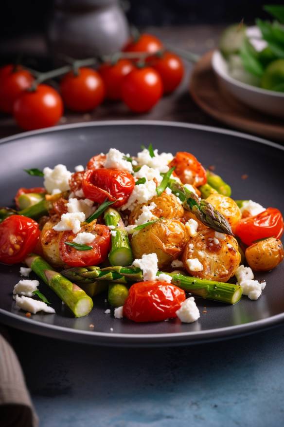 Gebratener Spargel mit Tomaten und Feta auf einem Teller angerichtet.