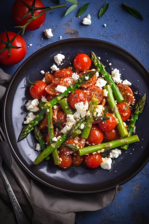 Gebratener Spargel mit Tomaten und Feta auf einem Teller angerichtet.