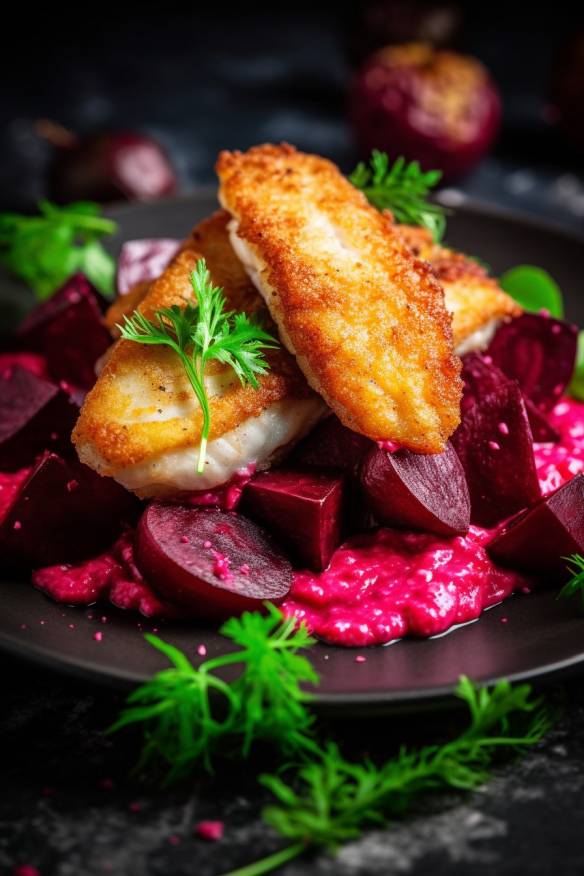 Gebratenes Karpfenfilet auf Kartoffel-Rote Bete-Salat