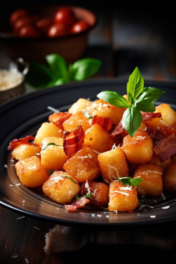 Gebratene Gnocchi mit Speck und Zwiebeln auf einem Teller angerichtet.