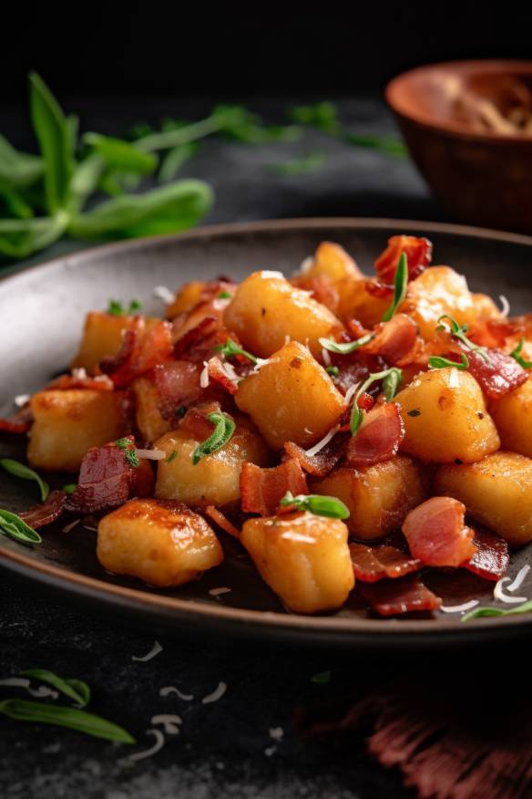 Gebratene Gnocchi mit Speck und Zwiebeln auf einem Teller angerichtet.