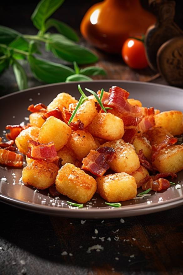 Gebratene Gnocchi mit Speck und Zwiebeln auf einem Teller angerichtet.