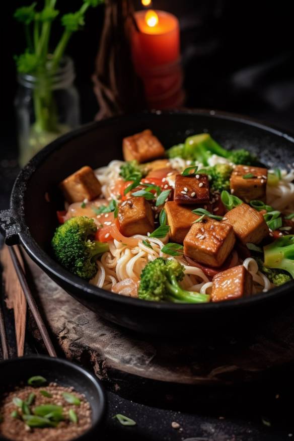 Gebratener Tofu mit Gemüse und Reisnudeln