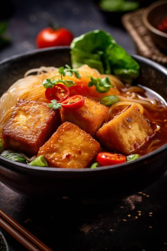 Gebratener Tofu mit Gemüse und Reisnudeln