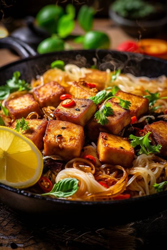 Gebratener Tofu mit Gemüse und Reisnudeln