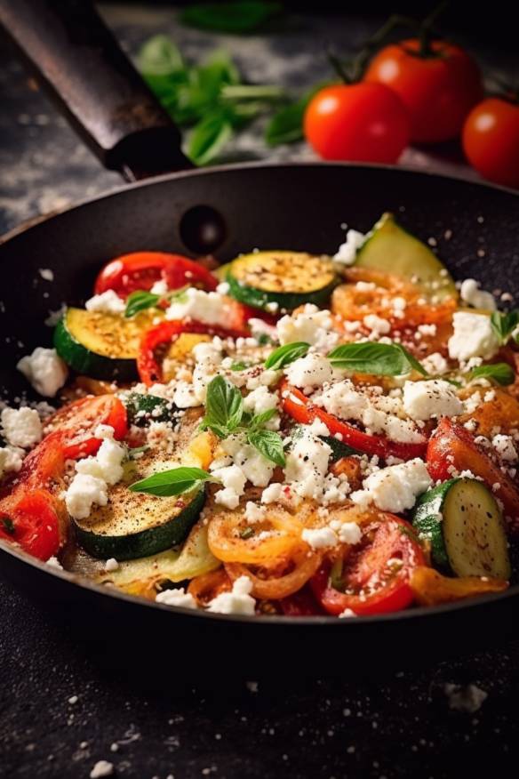 Gebratene Gemüsepfanne mit Quinoa und Feta