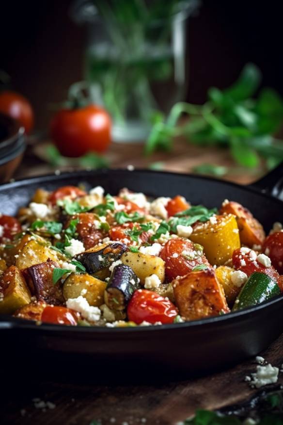 Gebratene Gemüsepfanne mit Quinoa und Feta