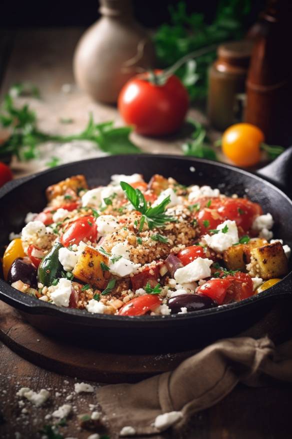 Gebratene Gemüsepfanne mit Quinoa und Feta