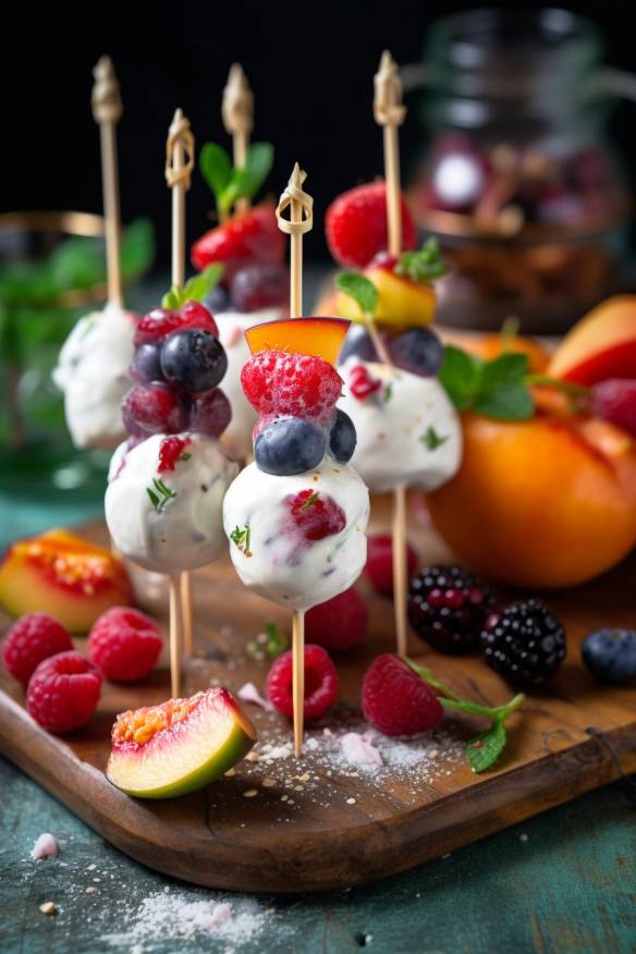 Fruchtiges Fingerfood - Sommerliche Obstspieße mit Joghurt-Dip