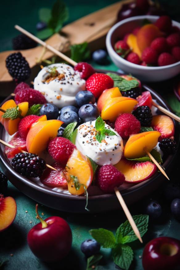 Fruchtiges Fingerfood - Sommerliche Obstspieße mit Joghurt-Dip