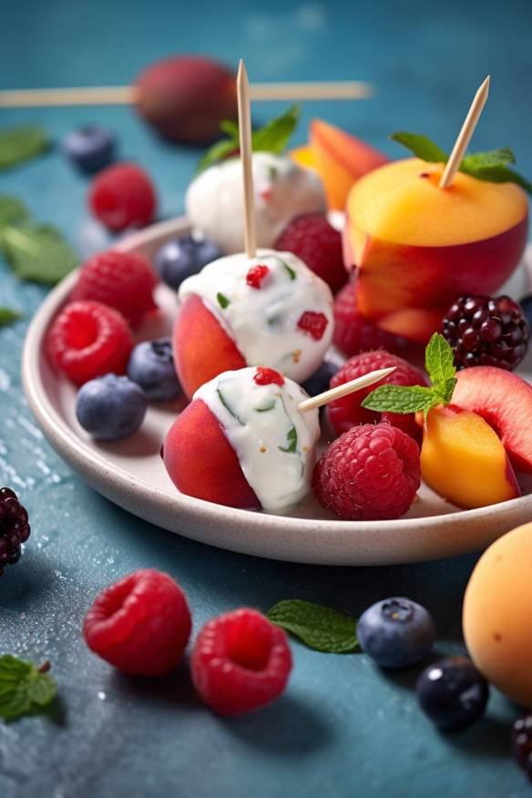 Fruchtiges Fingerfood - Sommerliche Obstspieße mit Joghurt-Dip