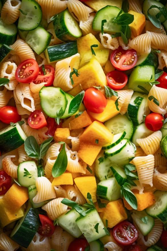 Fruchtiger Nudelsalat mit Tomaten, Gurke und Ananas